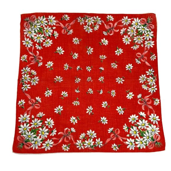 Bright Red White Daisy Handkerchief Flower Vtg Mid Century Boho Cottage Core - Picture 1 of 3